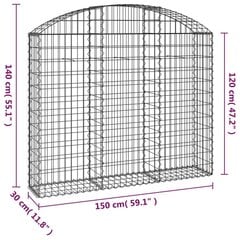 vidaXL kaarekujuline gabioonkorv, 150x30x120/140 cm, tsingitud raud цена и информация | Заборы и принадлежности к ним | kaup24.ee