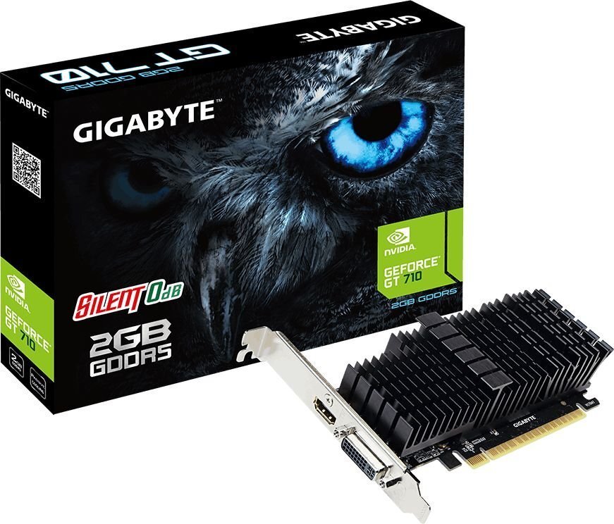 Gigabaidine madala profiiliga NVIDIA, 2 GB, GeForce GT 710, GDDR5, PCI Express 2.0, protsessori sagedus 954 MHz, HDMI portide arv 1, mälu taktsagedus 5010 MHz цена и информация | Videokaardid (GPU) | kaup24.ee