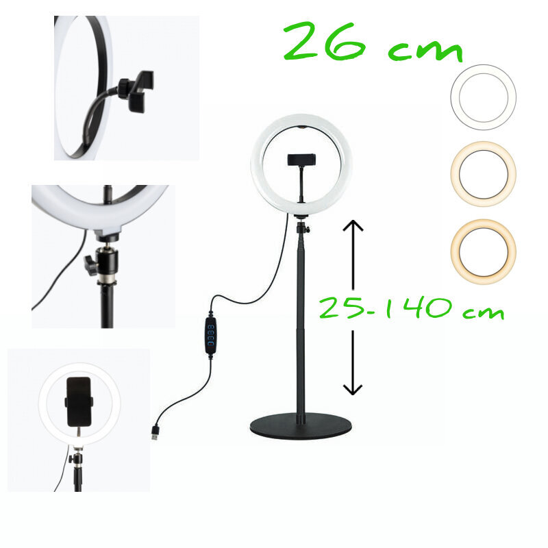 LED rõngaslamp 26cm, koos alusega 25-140 cm hind ja info | Fotovalgustuse seadmed | kaup24.ee