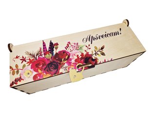 Puidust kast veini/šampanja jaoks, millel on värviline pilt ja kiri “Apsveicam!” hind ja info | Muud kingitused | kaup24.ee