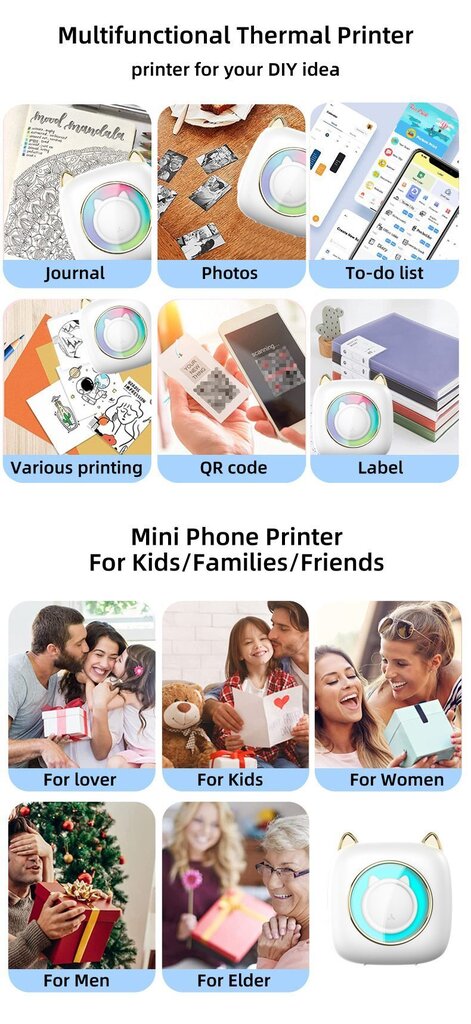 Termoprinter Cat Mini Printer Kids + kingitus (3 värvilist rulli) hind ja info | Printerid | kaup24.ee