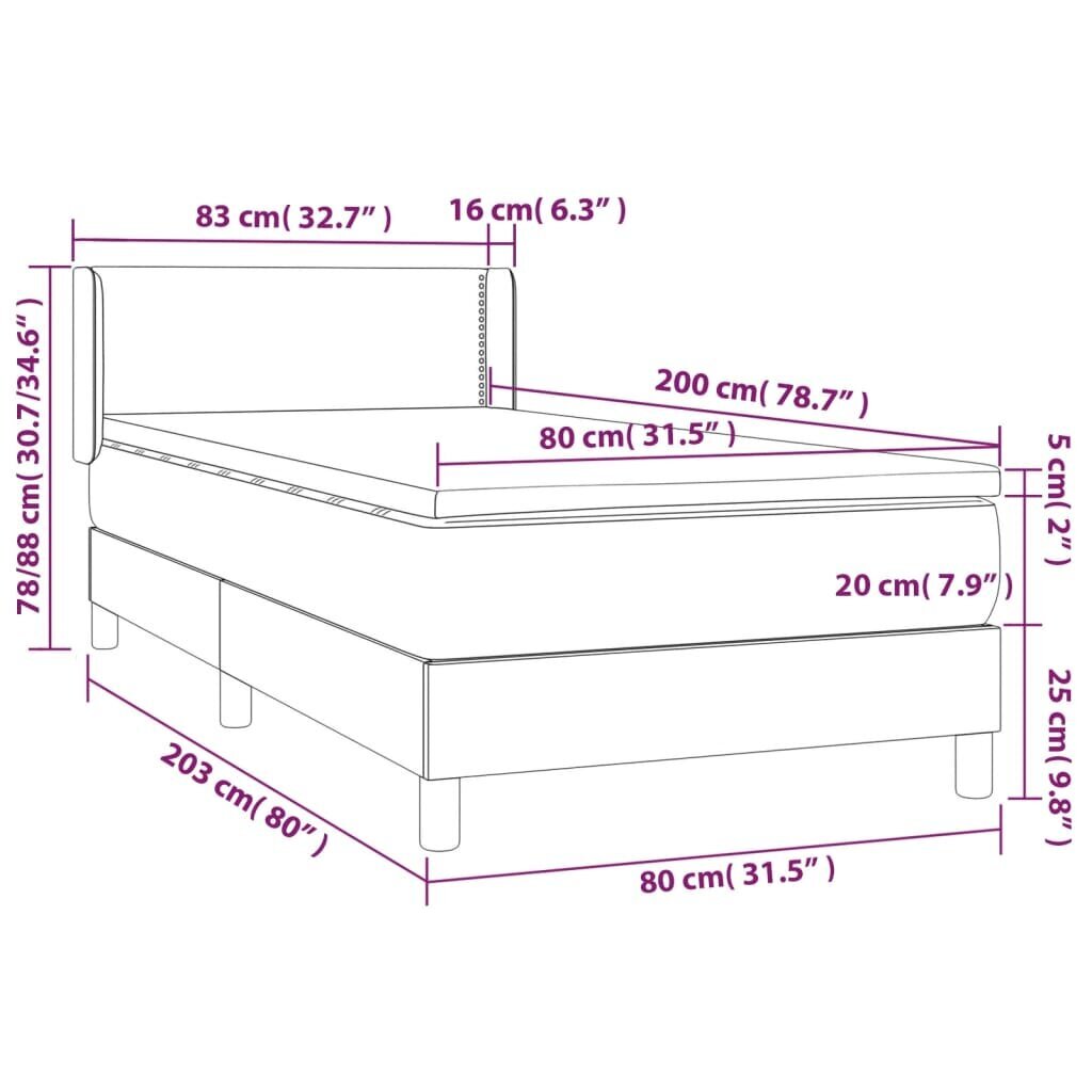 vidaXL kontinentaalvoodi madratsiga, pruunikashall, 80x200 cm, kangas hind ja info | Voodid | kaup24.ee