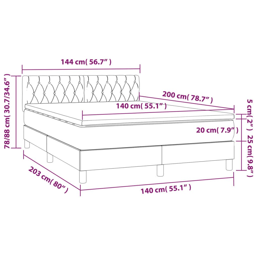 vidaXL kontinentaalvoodi madratsiga, tumeroheline, 140x200 cm, samet hind ja info | Voodid | kaup24.ee