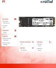 Crucial P1 500GB M.2 PCIe NVMe (CT500P1SSD8) цена и информация | Внутренние жёсткие диски (HDD, SSD, Hybrid) | kaup24.ee