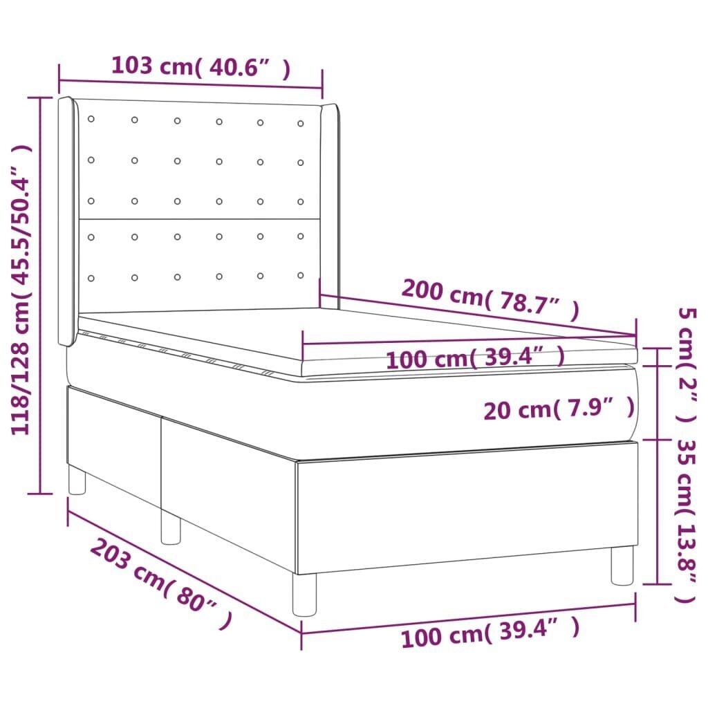 vidaXL kontinentaalvoodi madratsi ja LEDiga, pruunikas, 100x200 cm, kangas hind ja info | Voodid | kaup24.ee