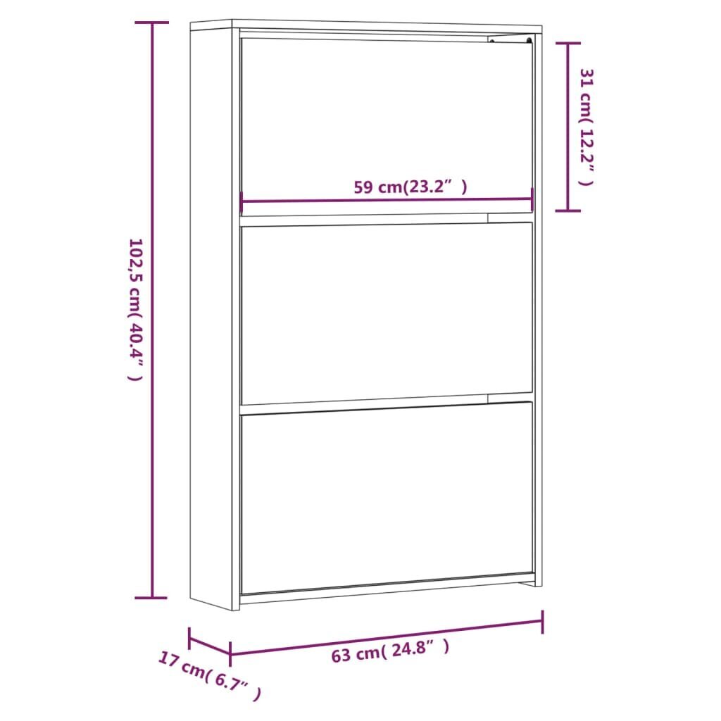 vidaXL 3 sahtliga kingakapp peegliga, hall Sonoma tamm, 63x17x102,5 cm цена и информация | Jalatsikapid, jalatsiriiulid | kaup24.ee