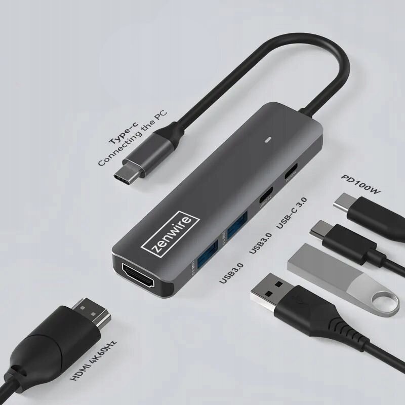 HUB USB-C 5W1 HDMI 4K 60Hz USB 3.0 LED toiteedastus 100W Macbook M1 M2 jaoks hind ja info | USB jagajad, adapterid | kaup24.ee