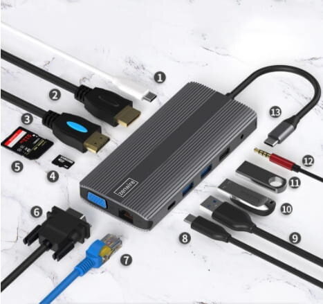 Adapter HUB 12in1 USB-C HDMI/VGA/DP/USB/Jack/SD/LAN Macbook Pro Air M1 jaoks hind ja info | USB jagajad, adapterid | kaup24.ee