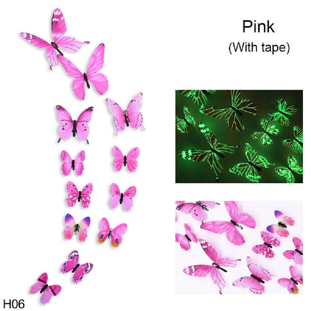 Fluorestseeruvad kleebised, Liblikad 3D, 12 tk hind ja info | Seinakleebised | kaup24.ee