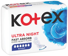 Ночные прокладки KOTEX Ultra, 6 шт. цена и информация | Тампоны, гигиенические прокладки для критических дней, ежедневные прокладки | kaup24.ee