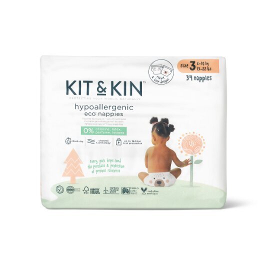 Kit&Kin hüpoallergeensed lateksi ja kloori vabad teipmähkmed karu ja jänese pildiga suurus 3, 6-10 kg, 34 tk hind ja info | Mähkmed | kaup24.ee