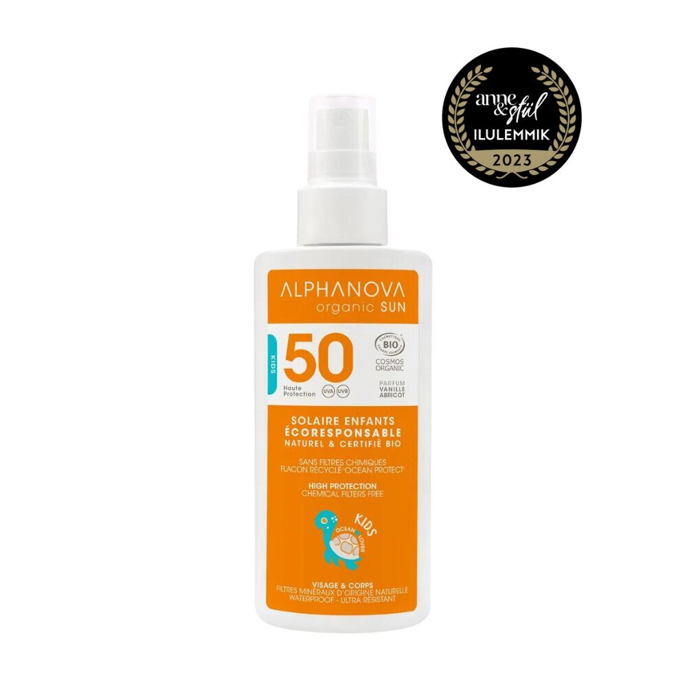 Orgaaniline vanilje-aprikoosi lõhnaline veekindel mineraalne päikesekreem Alphanova Sun lastele SPF50, 125 ml hind ja info | Päikesekreemid | kaup24.ee