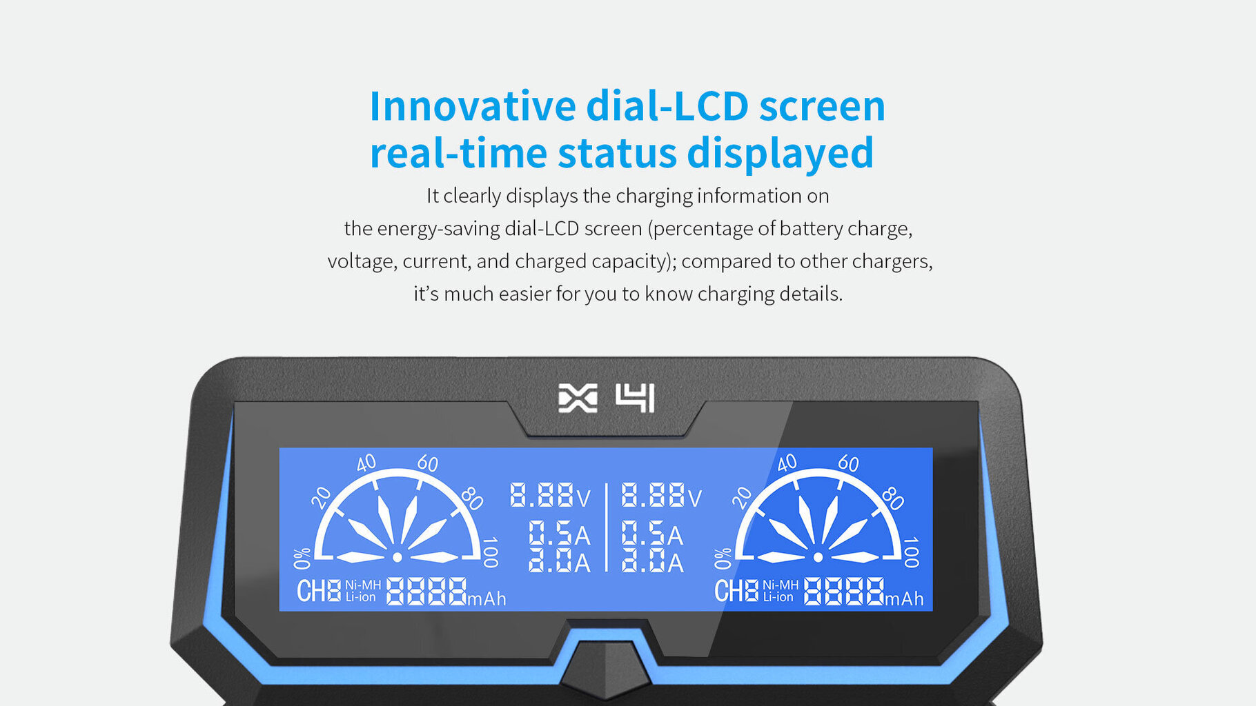 Xtar universaalne akulaadija koos LCD-ekraaniga X4 hind ja info | Akulaadijad | kaup24.ee
