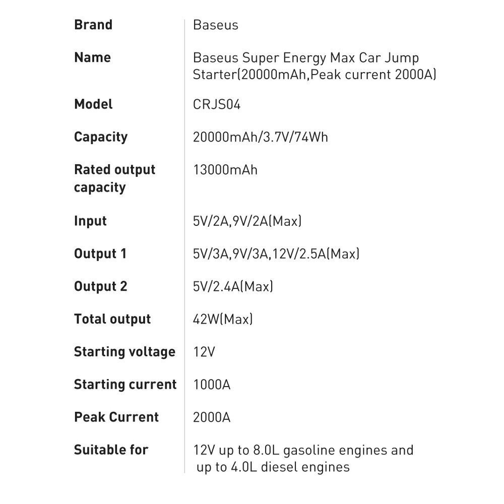 Baseus powerbank Power Starter Jump Starter device booster 2000mAh 12V (2000A / 1000A) + crocodile cables black (CGNL020001) hind ja info | Lisaseadmed | kaup24.ee