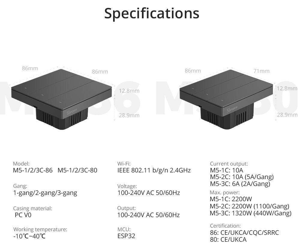 Jungiklis Sonoff 80mm pločio M5-1C-80 цена и информация | Lülitid ja pistikupesad | kaup24.ee