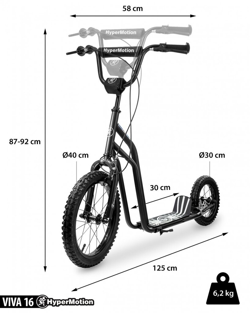 HyperMotion VIVA 16 tõukeratas (40cm + 30cm rattad), must цена и информация | Tõukerattad | kaup24.ee