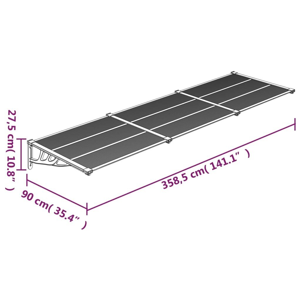 vidaXL ukse varikatus, must, 358,5x90 cm, polükarbonaat цена и информация | Päikesevarjud, markiisid ja alused | kaup24.ee