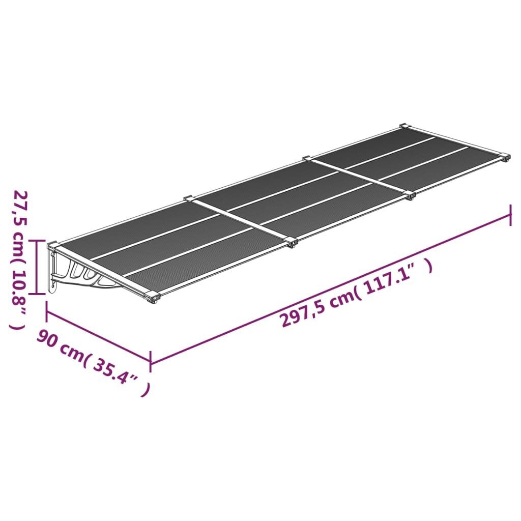 vidaXL ukse varikatus, must ja läbipaistev, 297,5x90 cm, polükarbonaat hind ja info | Päikesevarjud, markiisid ja alused | kaup24.ee