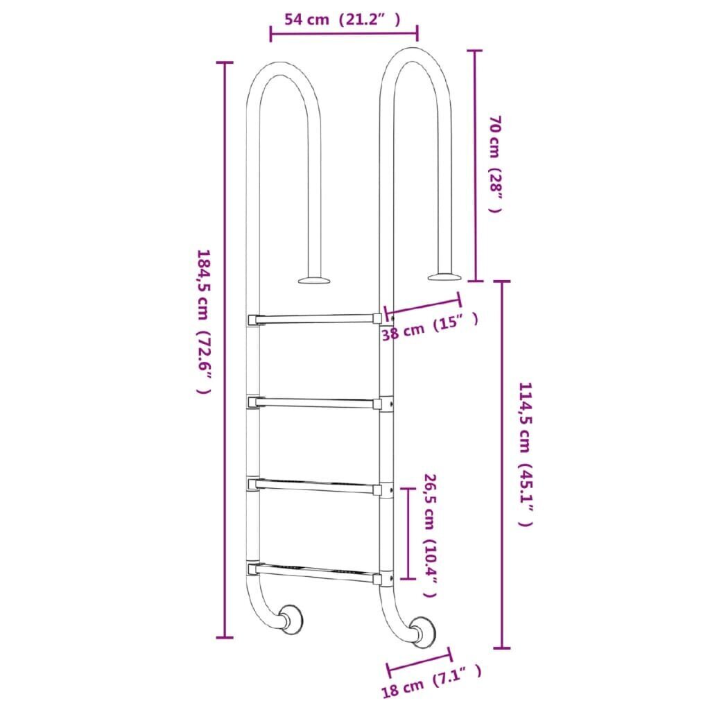 Basseini redel vidaXL, 54x38x184,5cm, roostevaba teras hind ja info | Basseinitehnika | kaup24.ee