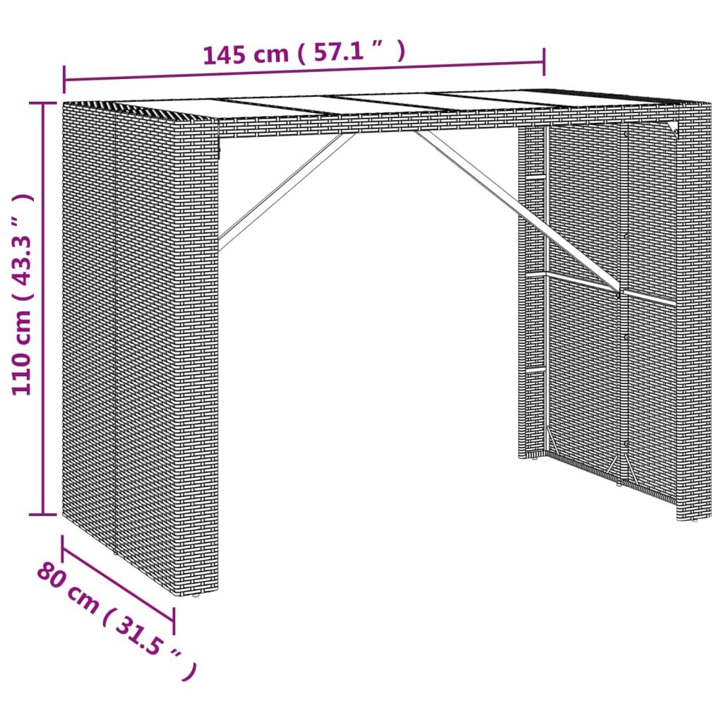 vidaXL baarilaud klaasplaadiga, pruun, 145x80x110 cm, polürotang цена и информация | Aialauad | kaup24.ee