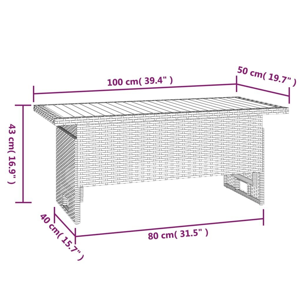 vidaXL aialaud, hall, 100x50x43/63 cm, akaatsiapuit ja polürotang hind ja info | Aialauad | kaup24.ee