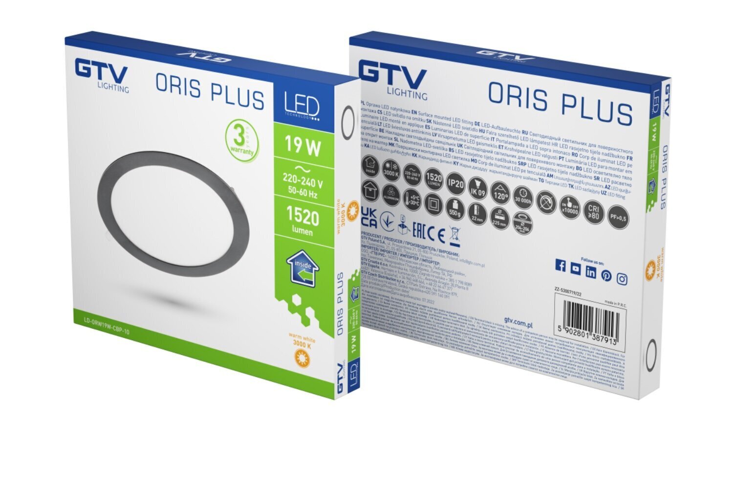 GTV LED lamp Oris Plus Ø225mm must, süvistatav 3000K, 1520lm LD-ORW19W-CBP-10 цена и информация | Süvistatavad ja LED valgustid | kaup24.ee