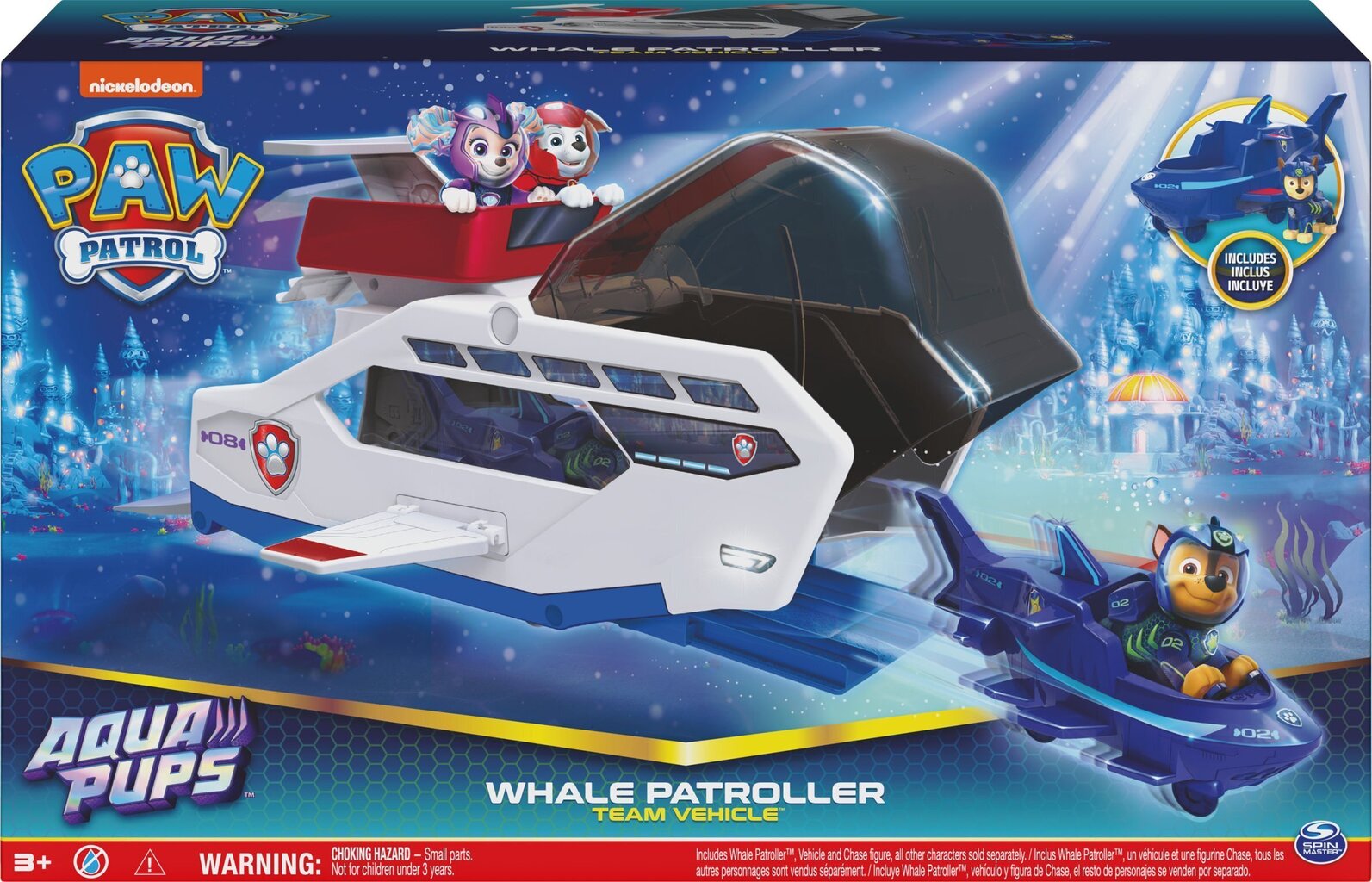 Whale Patroller meeskonna sõiduk PAW Patrol Aqua Pups koos Chase'i mängufiguuriga, mänguauto ja sõidukiheitja, mänguasjad lastele vanuses 3 ja vanemad hind ja info | Poiste mänguasjad | kaup24.ee