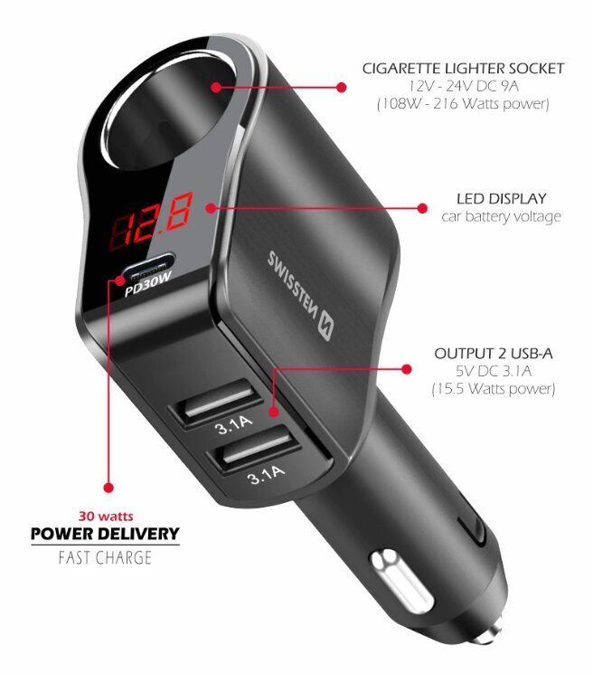 Swissten Car charger 1x USB-C PD / 2x USB-A / CL / LED hind ja info | Mobiiltelefonide laadijad | kaup24.ee