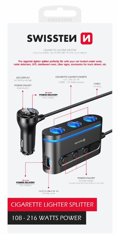 Swissten Car charger 2x USB-C PD / 1x USB-A QA 3.0 / 3x CL hind ja info | Mobiiltelefonide laadijad | kaup24.ee