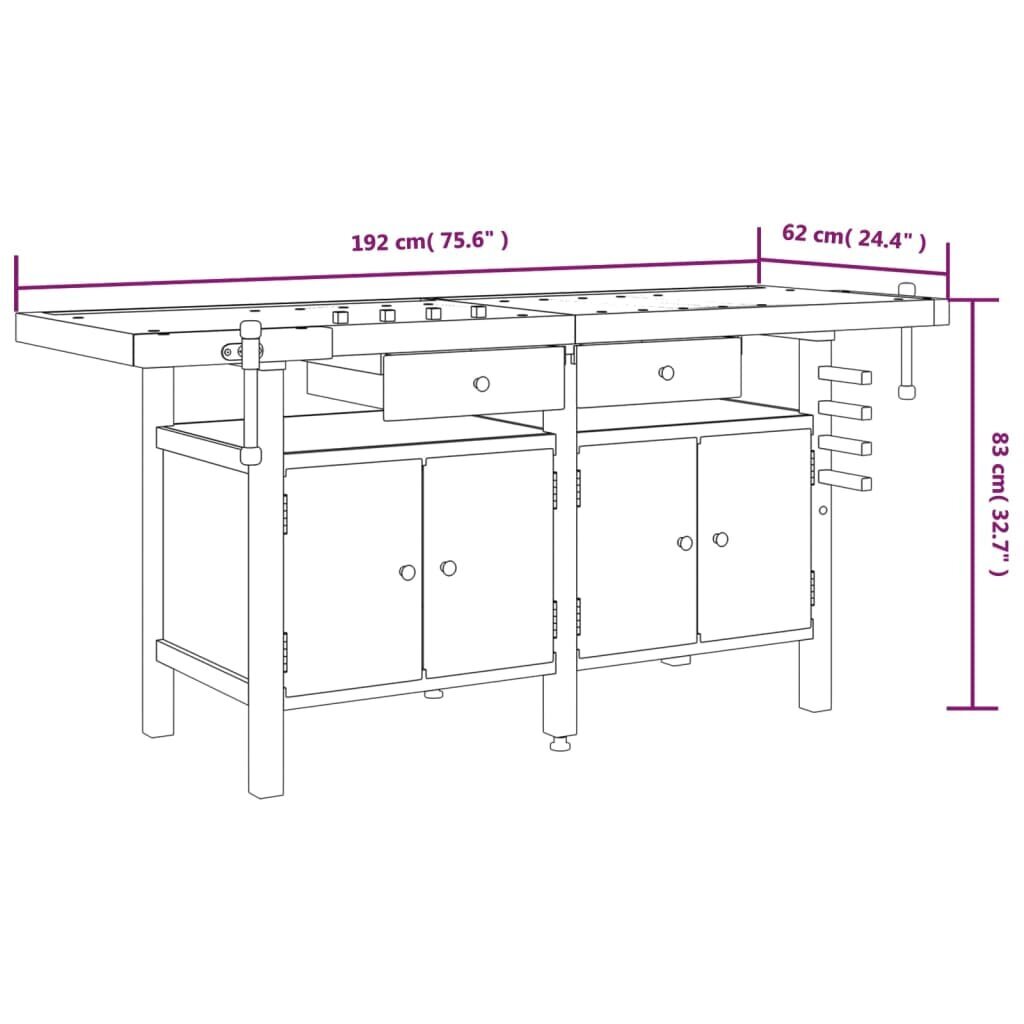 vidaXL töölaud sahtlite ja kruustangidega, 192x62x83 cm, akaatsiapuit цена и информация | Käsitööriistad | kaup24.ee