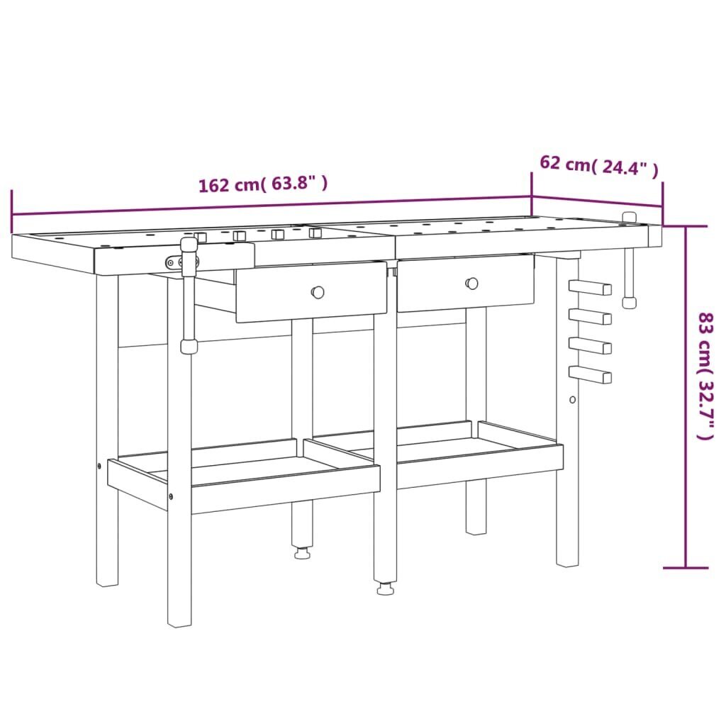 vidaXL töölaud sahtlite ja kruustangidega, 162x62x83 cm, akaatsiapuit hind ja info | Käsitööriistad | kaup24.ee