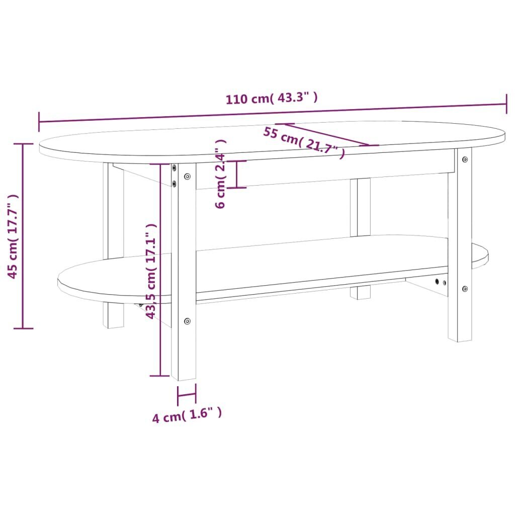 vidaXL diivanilaud, hall, 110 x 55 x 45 cm, männipuit цена и информация | Diivanilauad | kaup24.ee