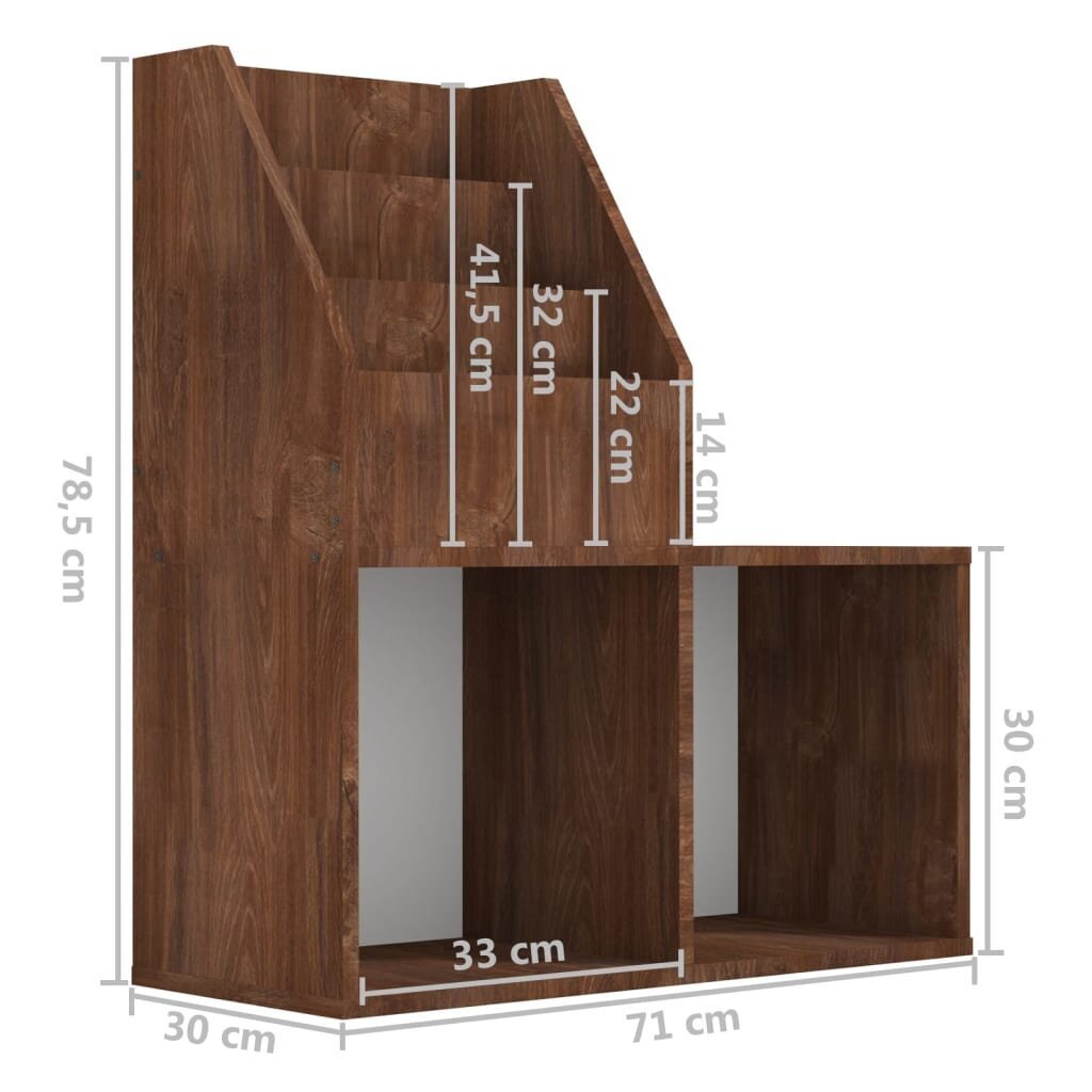 vidaXL laste ajakirjariiul, pruun tamm, 71 x 30 x 78,5 cm, tehispuit цена и информация | Riiulid | kaup24.ee