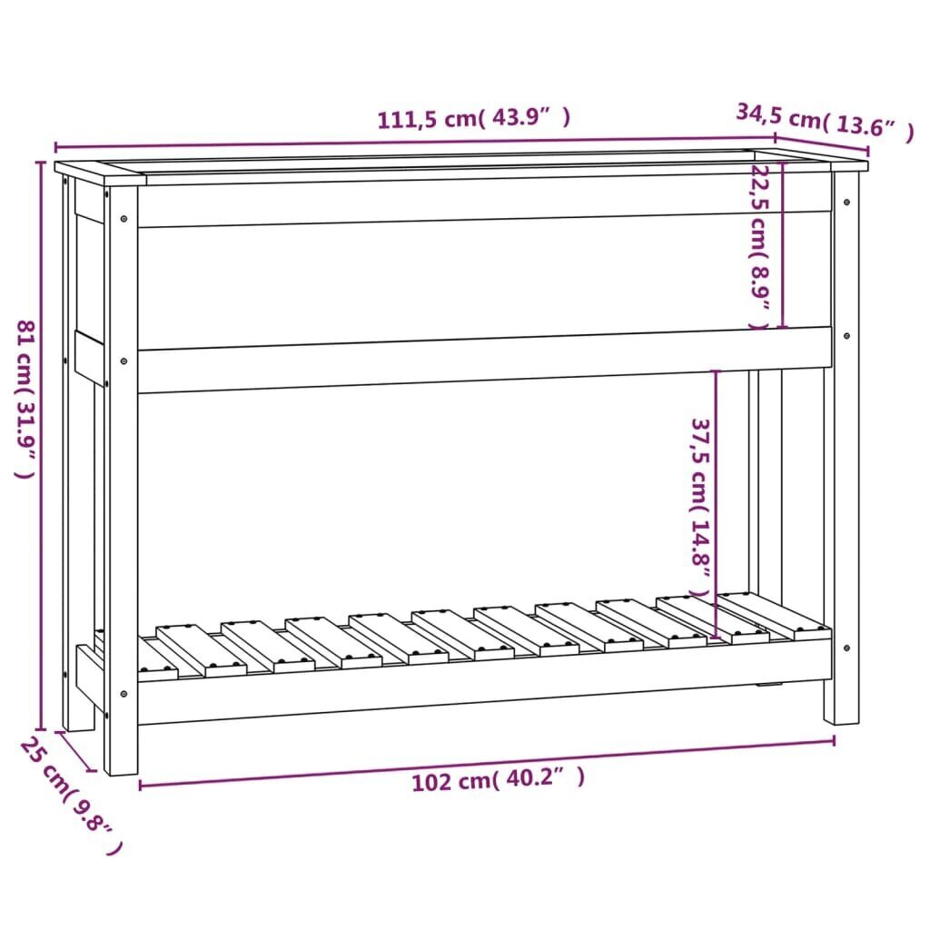 vidaXL riiuliga taimekast, meepruun, 111,5x34,5x81 cm, männipuit цена и информация | Istutus- ja turbapotid | kaup24.ee