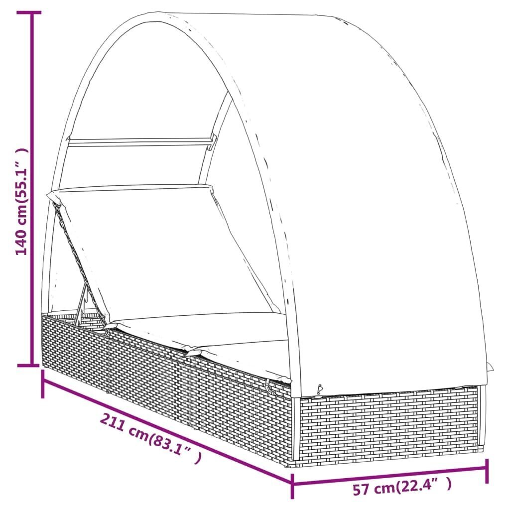 vidaXL päevitusvoodi ümara katusega, must, 211x57x140 cm, polürotang цена и информация | Päevitustoolid | kaup24.ee