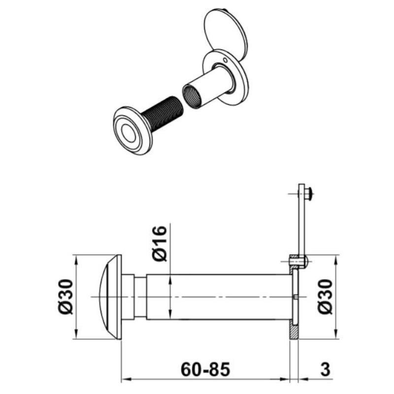 Välisukse piiluauk 5, 60-85mm, kroomitud hind ja info | Ukse hinged, tarvikud | kaup24.ee