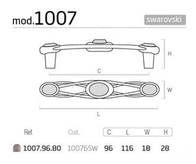 Käepide 1007.96.80, 96mm, Swarovski kristall, hõbetatud, matt, 2 tk. hind ja info | Mööbli käepidemed | kaup24.ee