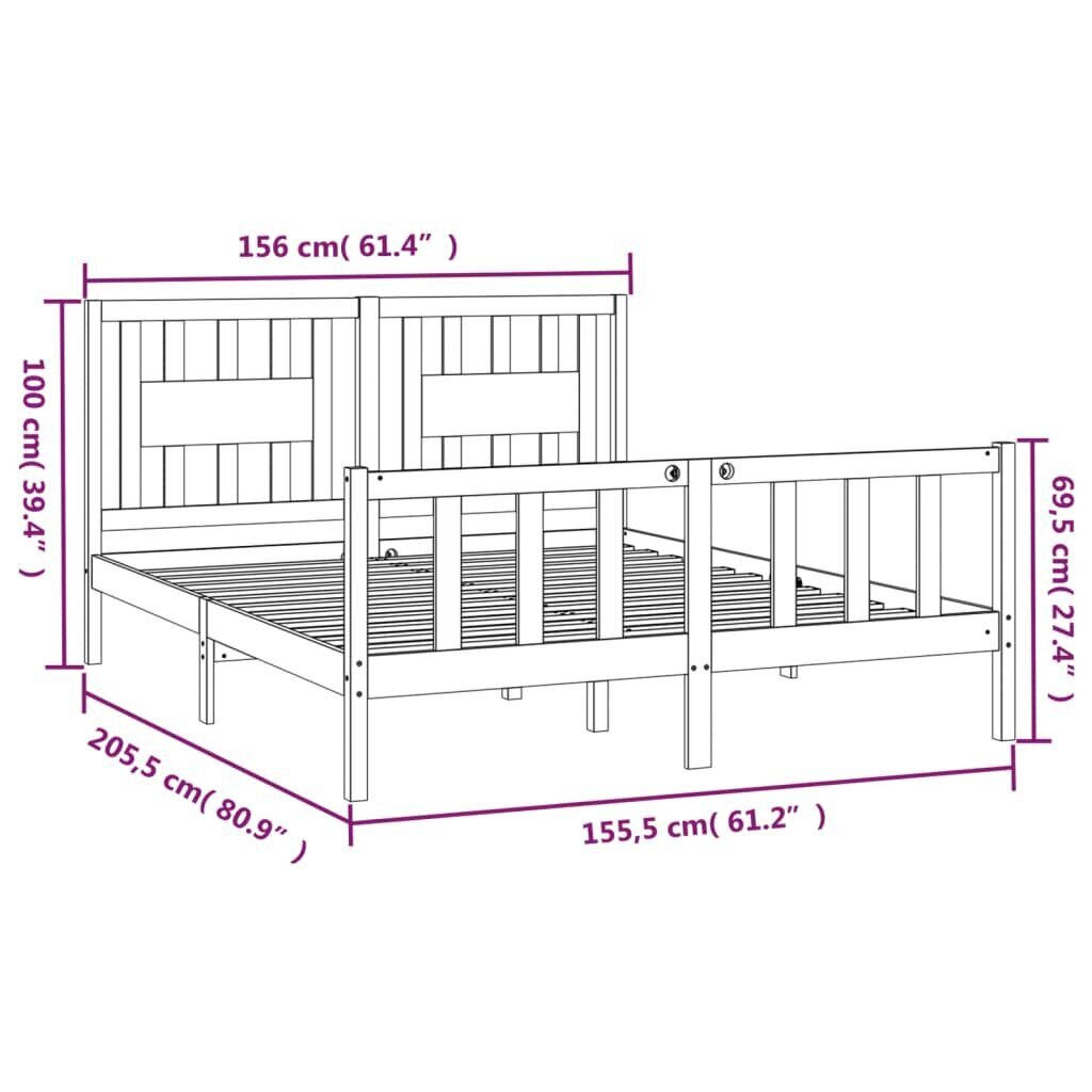 vidaXL voodiraam peatsiga, hall, männipuit, 150 x 200 cm hind ja info | Voodid | kaup24.ee