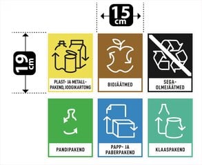 Olmekleebis: Jäätmete, prügikonteinerite tähistamine: biojäätmed, segaolmejäätmed, plast- ja metallpakend, joogikartong, pandipakend, papp- ja paberpakend, klaaspakend (6 kleebist pakis, 15x19cm) цена и информация | Информационные знаки | kaup24.ee