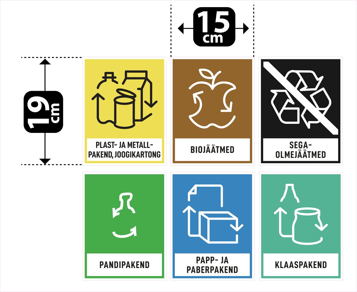 Olmekleebis: Jäätmete, prügikonteinerite tähistamine: biojäätmed, segaolmejäätmed, plast- ja metallpakend, joogikartong, pandipakend, papp- ja paberpakend, klaaspakend (6 kleebist pakis, 15x19cm) hind ja info | Infosildid | kaup24.ee