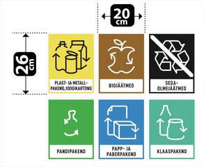 Olmekleebis: Jäätmete, prügikonteinerite tähistamine: biojäätmed, segaolmejäätmed, plast- ja metallpakend, joogikartong, pandipakend, papp- ja paberpakend, klaaspakend (6 kleebist pakis, 20x26cm) цена и информация | Информационные знаки | kaup24.ee