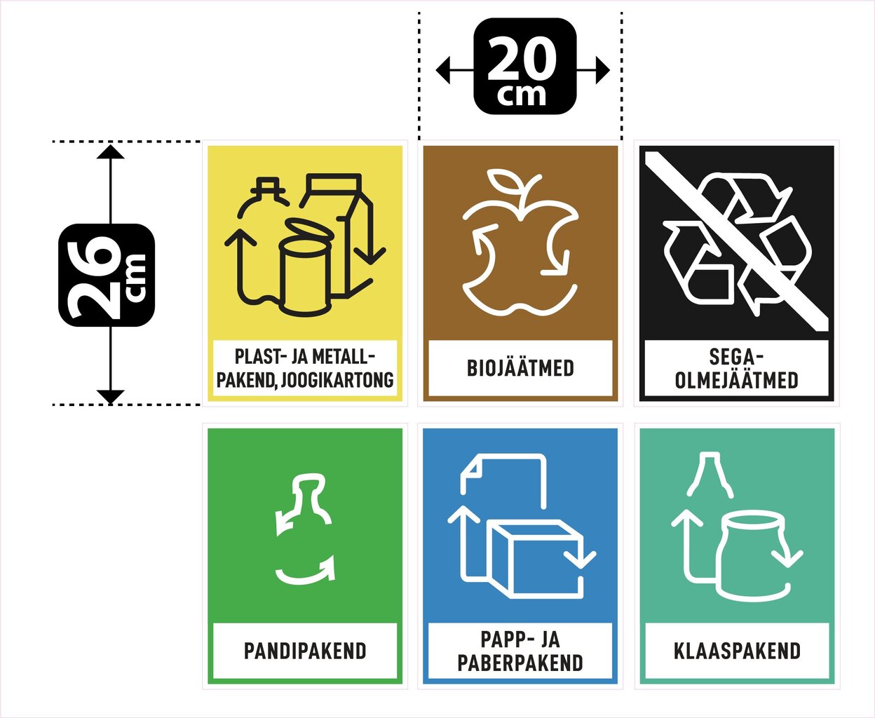 Olmekleebis: Jäätmete, prügikonteinerite tähistamine: biojäätmed, segaolmejäätmed, plast- ja metallpakend, joogikartong, pandipakend, papp- ja paberpakend, klaaspakend (6 kleebist pakis, 20x26cm) hind ja info | Infosildid | kaup24.ee