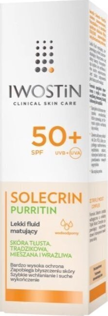 Matt näokreem Iwostin Solecrin Purritin Light SPF50, 40 ml цена и информация | Jumestuskreemid, puudrid | kaup24.ee