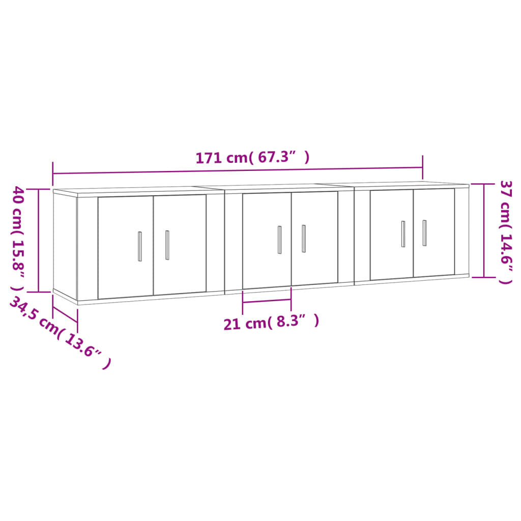 vidaXL seina telerikapid, 3 tk, hall Sonoma, 57 x 34,5 x 40 cm цена и информация | TV alused | kaup24.ee