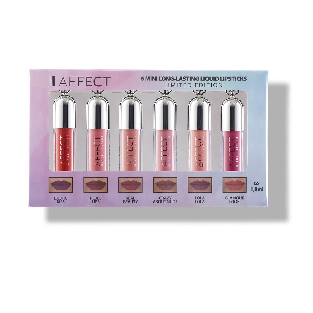 Vedelate huulepulkade komplekt Affect 6 Mini Long-Lasting Liquid Lipsticks Mini, 6x1,8ml hind ja info | Huulepulgad, -läiked, -palsamid, vaseliin | kaup24.ee