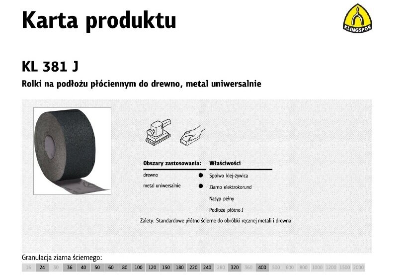 Lihvpaber rullis KLINGSPOR KL381J 200mm, paksus 180 (50mb) цена и информация | Höövlid | kaup24.ee