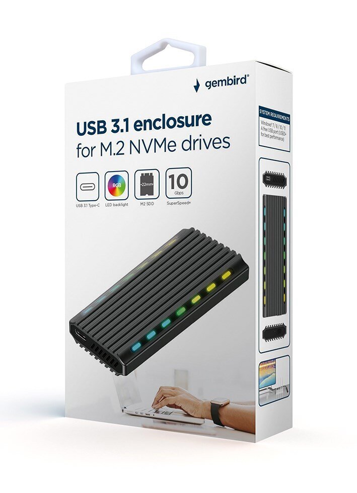 Gembird EE2280-U3C-03 USB 3.1 korpus M.2 NVMe draividele, RGB, alumiinium цена и информация | Väliste kõvaketaste ümbrised | kaup24.ee