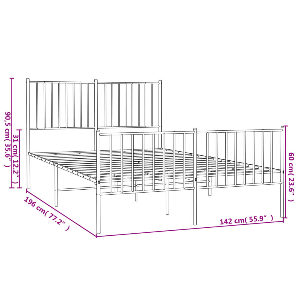 vidaXL metallist voodiraam peatsi ja jalutsiga, must, 135 x 190 cm цена и информация | Voodid | kaup24.ee