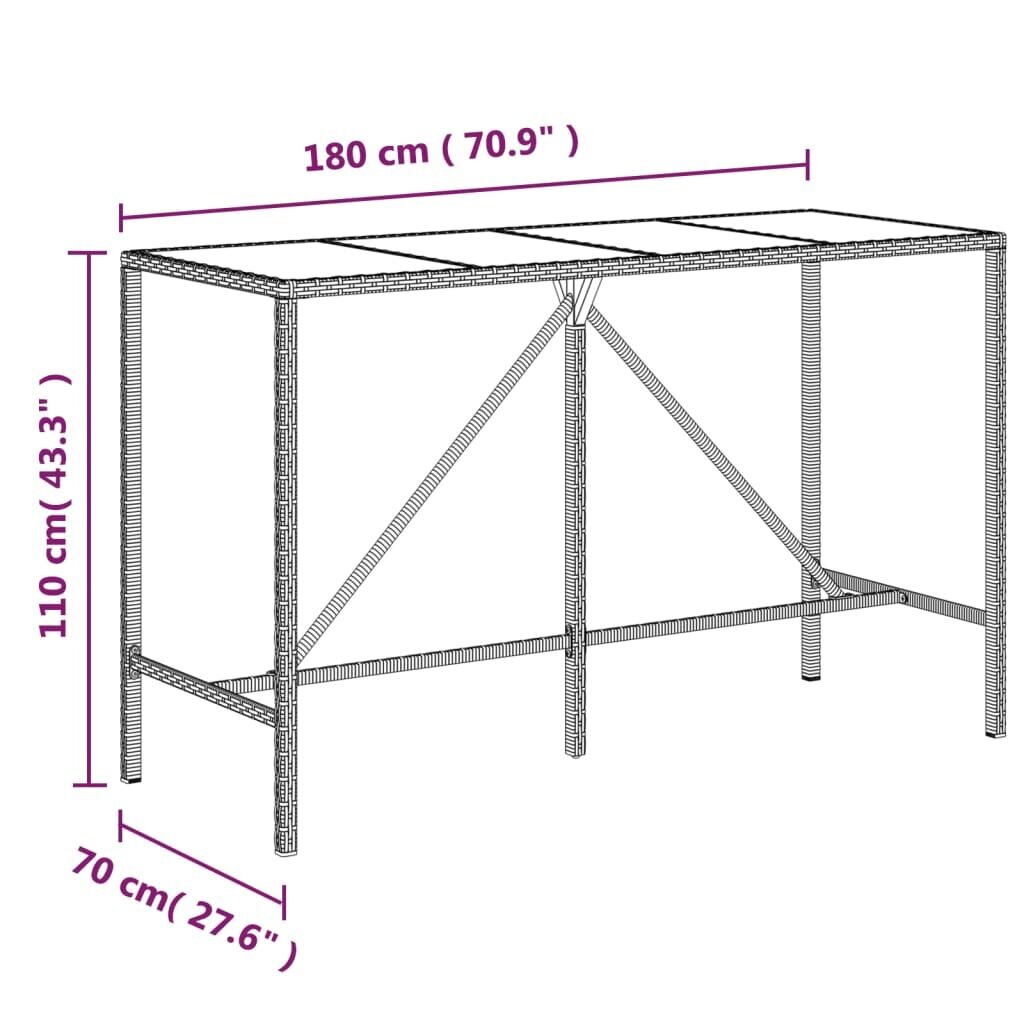 vidaXL aialaud klaasplaadiga, must, 180 x 70 x 110 cm, polürotang hind ja info | Aialauad | kaup24.ee