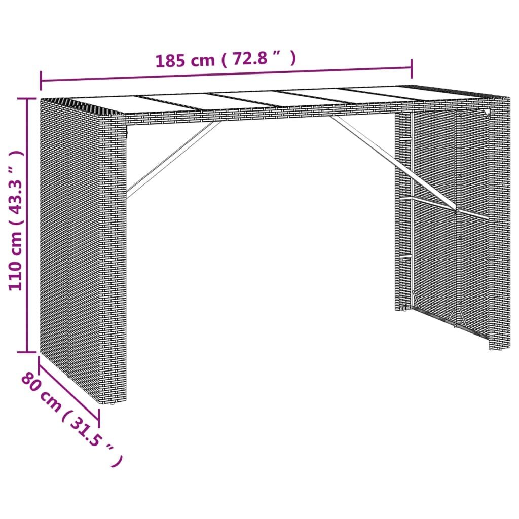 vidaXL aialaud klaasplaadiga, hall, 185x80x110 cm, polürotang hind ja info | Aialauad | kaup24.ee